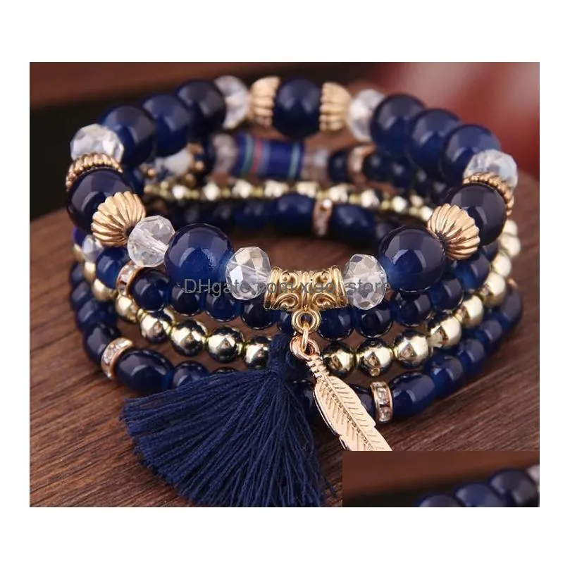 2021 bohemian beaded bracelets set multilayer feather eiffel tower tassel charm bracelet stackable bangle for women vintage jewelry