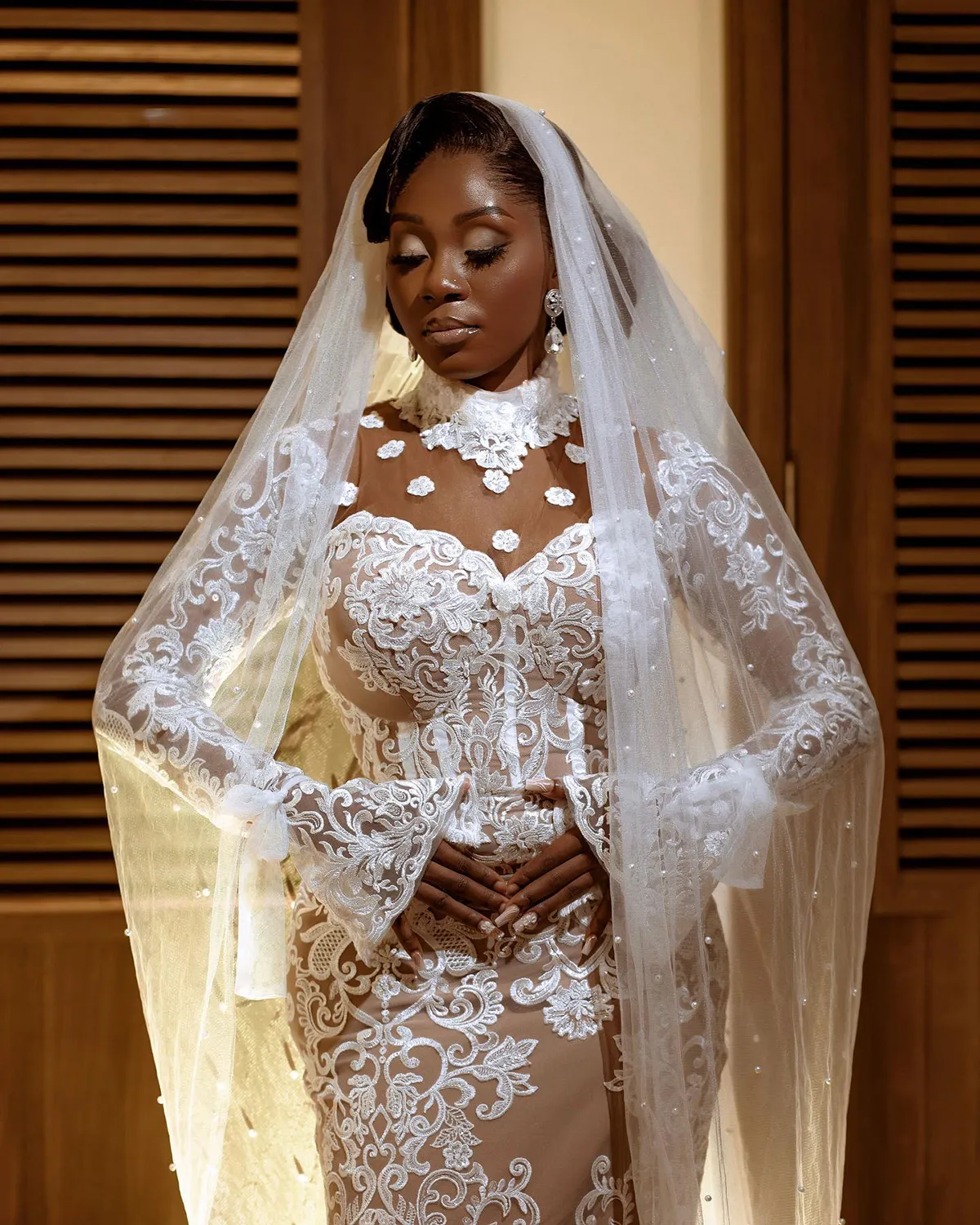 Plus Size Mermaid Wedding Dresses High Neck Long Sleeve Lace Bridal Gowns Vestido De Novia Sexy Illusion Custom Made Bride Dress With Veil