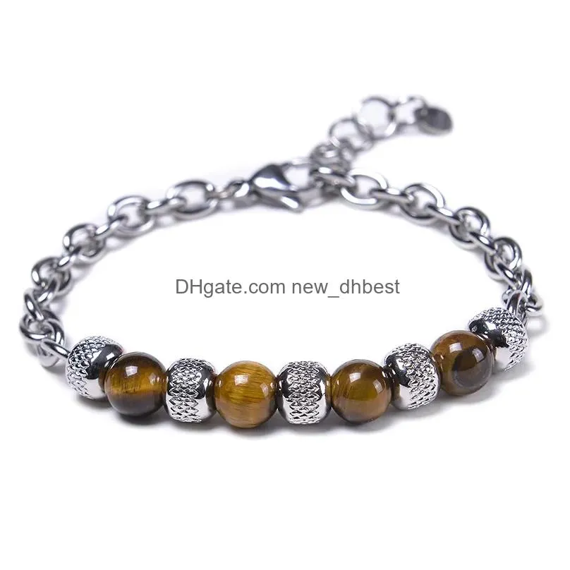Charm Bracelets Tiger Eye Beads Strand Men Women Stainless Steel Chain Mticolored Natural Stone Bracelet Male Jewelry Gift Drop Deliv Dhgly