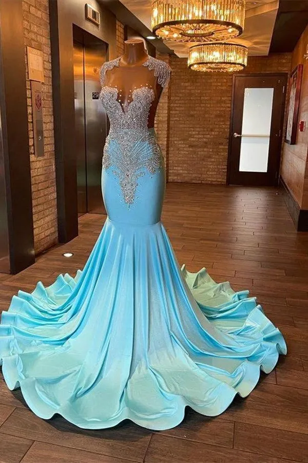 Light Blue Mermaid Prom Dresses 2024 Sheer Cap Sleeves Beaded Rhinestones Women Pageant Dresses Backless Long Party Evening Gowns BC16254 0229