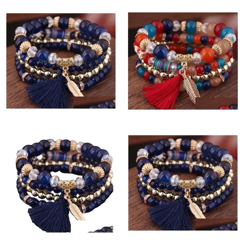 2021 bohemian beaded bracelets set multilayer feather eiffel tower tassel charm bracelet stackable bangle for women vintage jewelry
