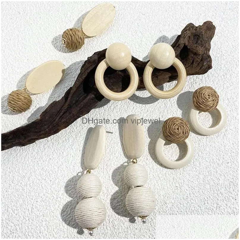 dangle earrings aensoa handmade white woven ball wood drop for women ethnic rattan knit wooden round circle bohemia jewelry