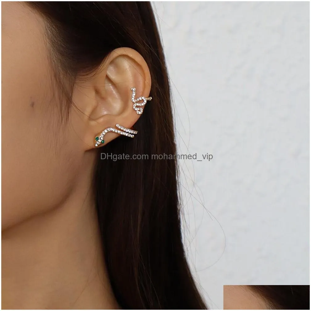 creative crystal snake earrings studs female three-dimensional animal ear clip gold earring full diamond set lady jewelry accessories