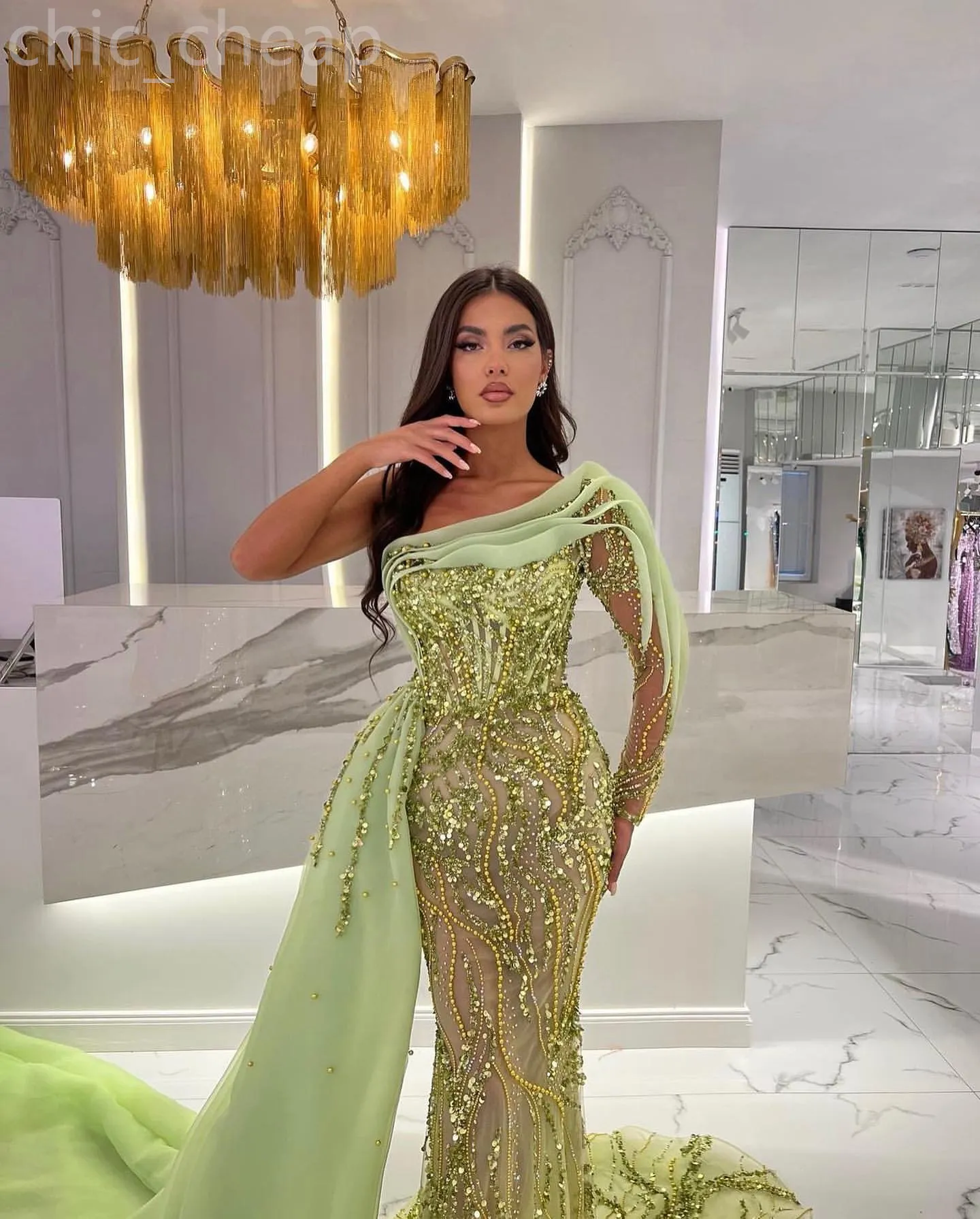 2024 Aso Ebi Sage Mermaid Prom Dress Beaded See Through Evening Formal Party Second Reception 50th Birthday Engagement Gowns Dresses Robe De Soiree ZJ86