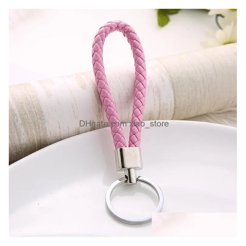 2022 30 color pu leather braided woven keychain rope rings fit diy circle pendant key chains holder car keyrings jewelry