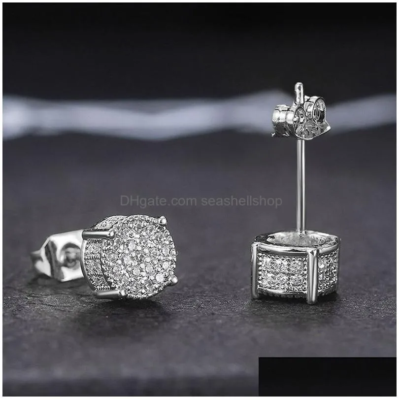 Stud Men Stud Earring Vintage Hip Hop Jewelry 925 Sier Pin Round Pave Shining Cz Diamond Women Earrings For Lovers Gift Drop Delivery Dhl2I