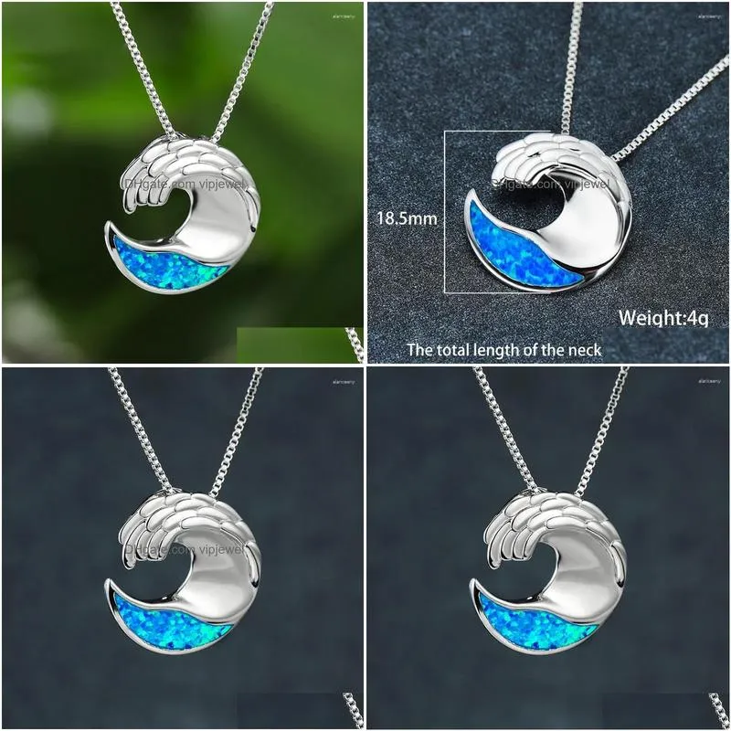 pendants 925 sterling silver chain necklace fashion ocean wave pendant geometric blue opal stone engagement necklaces for women