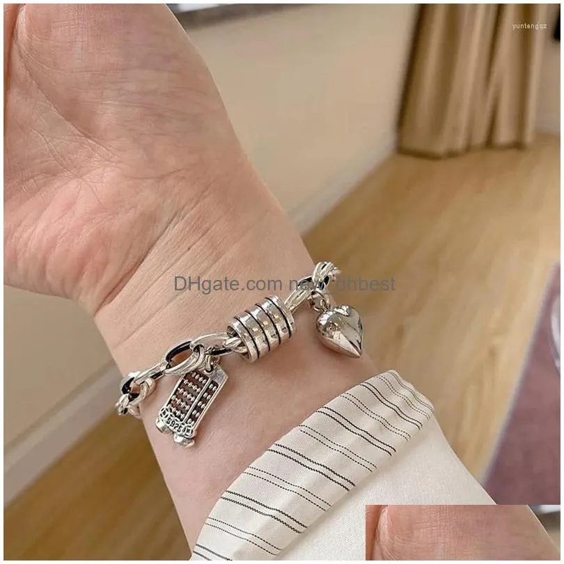 Charm Bracelets 925 Sterling Sier Thai Bracelet For Women 2024 Vintage Geometric Heart Love Lucky Punk Fashion Jewelry Drop Drop Deli Dhvc3