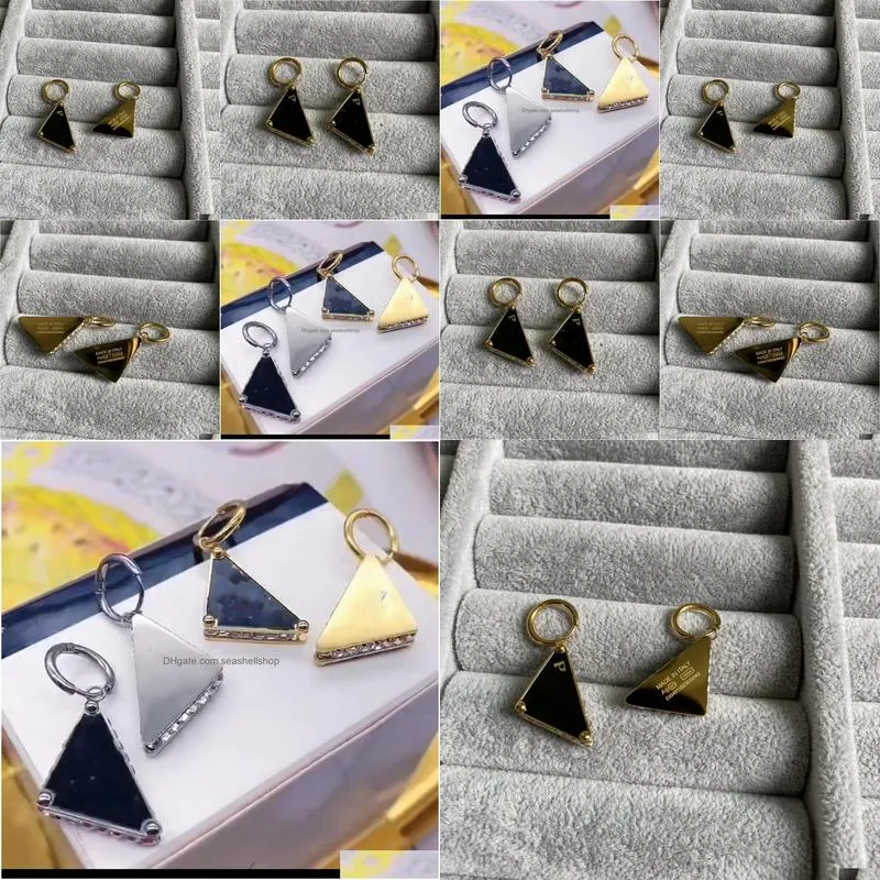 Stud Diamond Tri-Angle Symbole Design Black Stud Hoop Women 18K Gold Sier Letter Logo Engrave Dangle Earrings Girls Wedding Jewelry D Dhakt