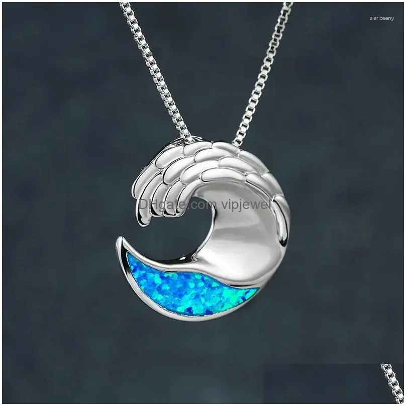 pendants 925 sterling silver chain necklace fashion ocean wave pendant geometric blue opal stone engagement necklaces for women