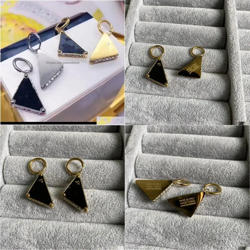 Stud Diamond Tri-Angle Symbole Design Black Stud Hoop Women 18K Gold Sier Letter Logo Engrave Dangle Earrings Girls Wedding Jewelry D Dhakt