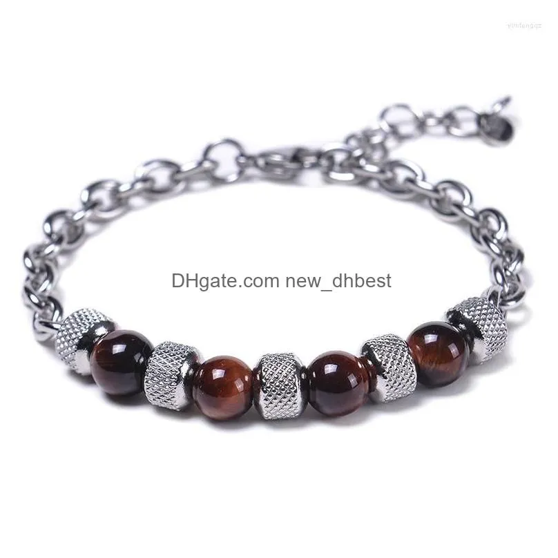 Charm Bracelets Tiger Eye Beads Strand Men Women Stainless Steel Chain Mticolored Natural Stone Bracelet Male Jewelry Gift Drop Deliv Dhgly