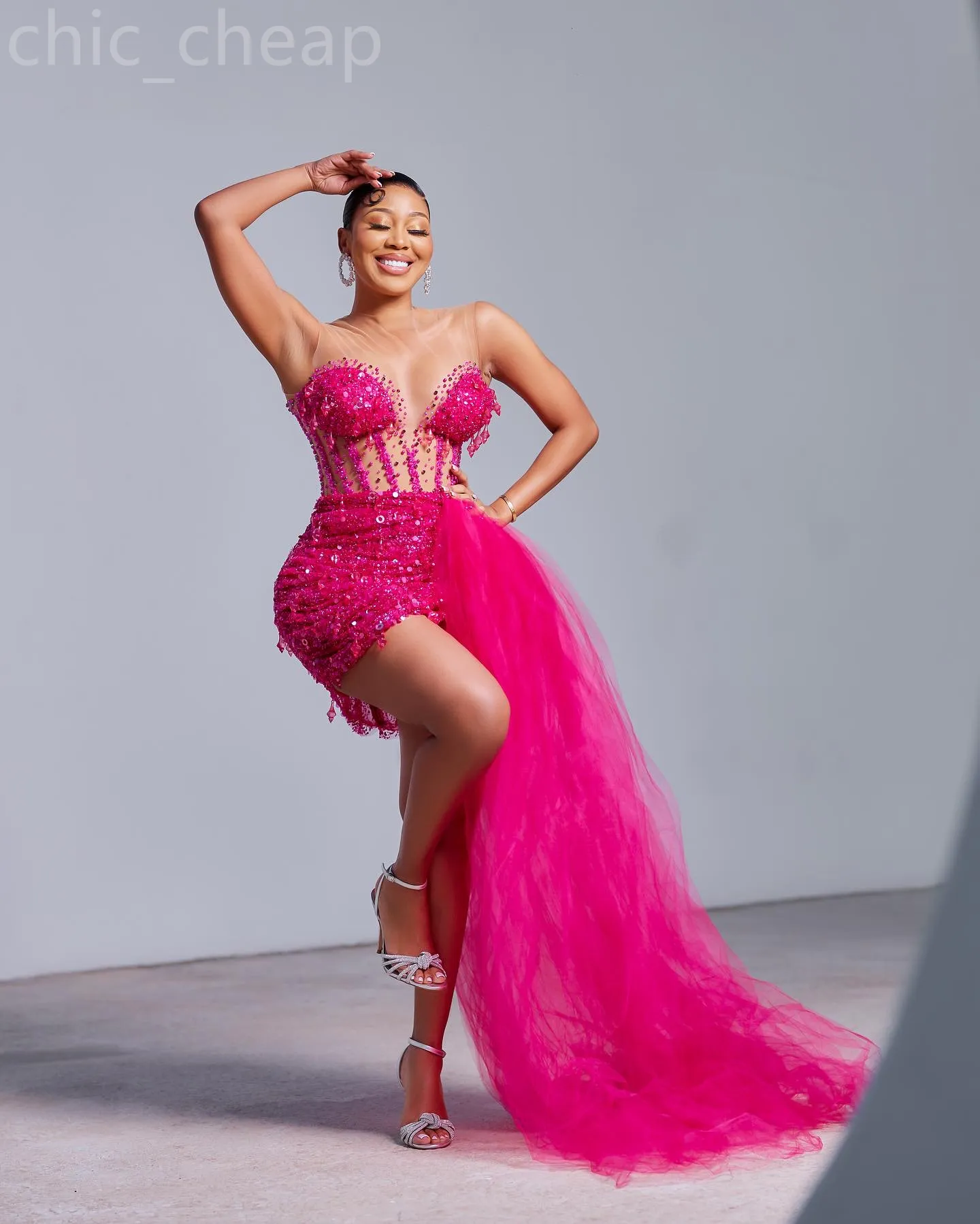 2024 Aso Ebi Fuchsia Sheath Prom Dress Beaded Crystals Sheer Neck Evening Formal Party Second Reception 50th Birthday Engagement Gowns Dresses Robe De Soiree ZJ82