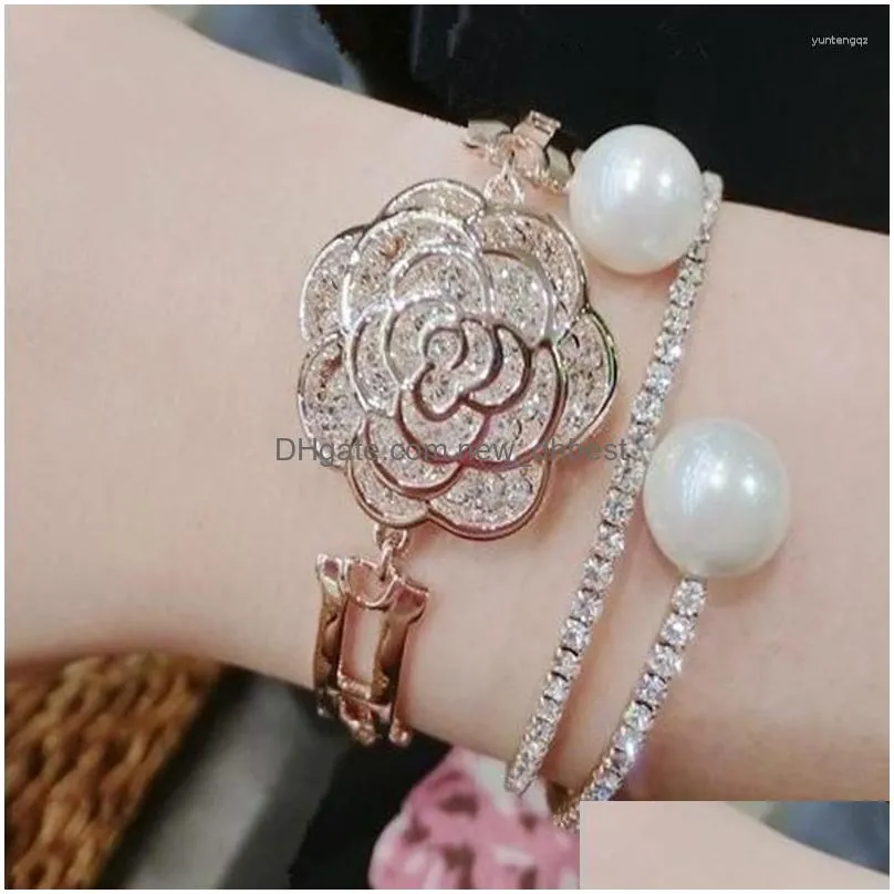 Charm Bracelets Luxury Bling Crystal Camellia Buckle Bracelet For Women Romantic Rose Gold Color Bangles Vacation Jewelry Gift Drop D Dhc3J