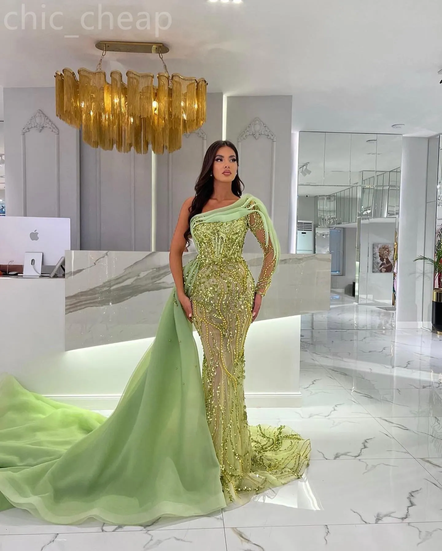 2024 Aso Ebi Sage Mermaid Prom Dress Beaded See Through Evening Formal Party Second Reception 50th Birthday Engagement Gowns Dresses Robe De Soiree ZJ86