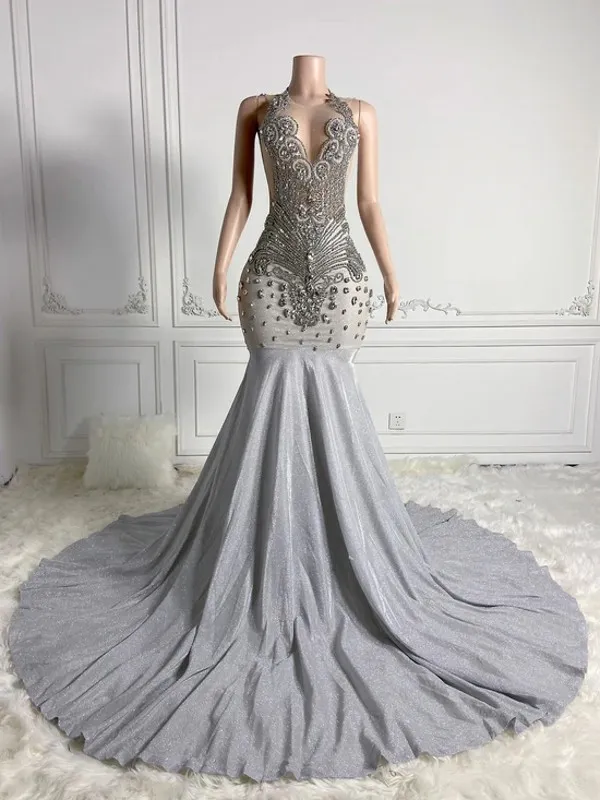 Luxury Sparkly Crystals Beading Prom Evening Dresses Sheer O-neck Sexy Backless Rhinestones Special Occasion Party Gowns Long Mermaid Women Formal Dress CL3339