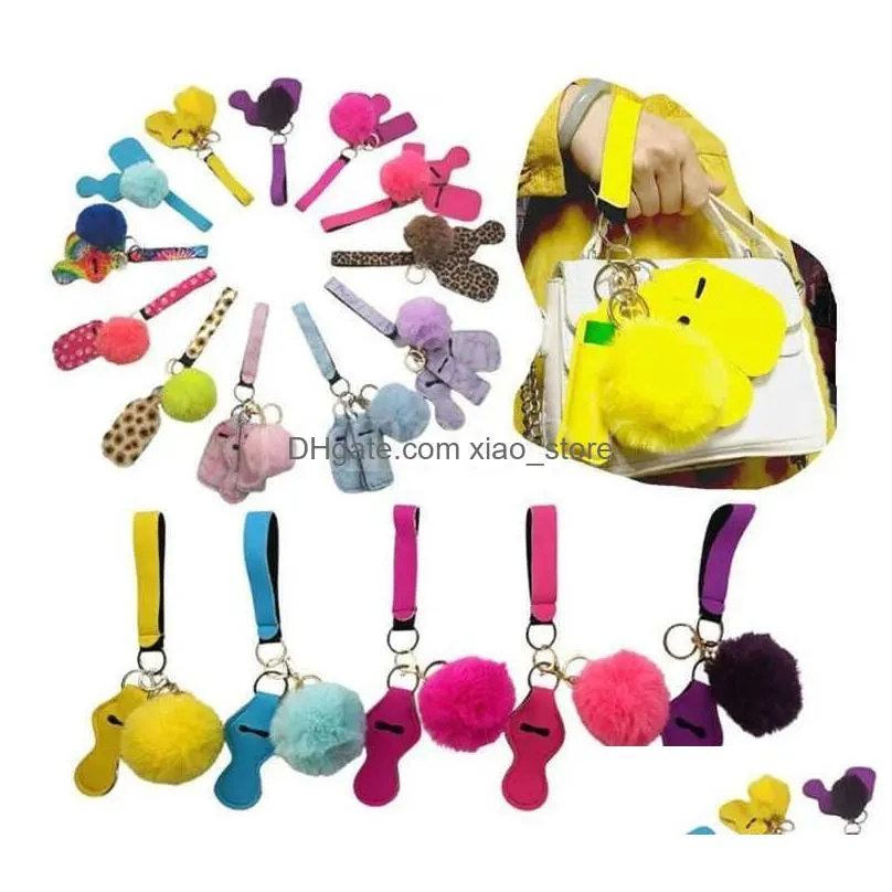 11 colors 5pcs defense keychain set pompom hand sanitizer wrist strap lipstick keychains silver keyring for woman men self-defense ll