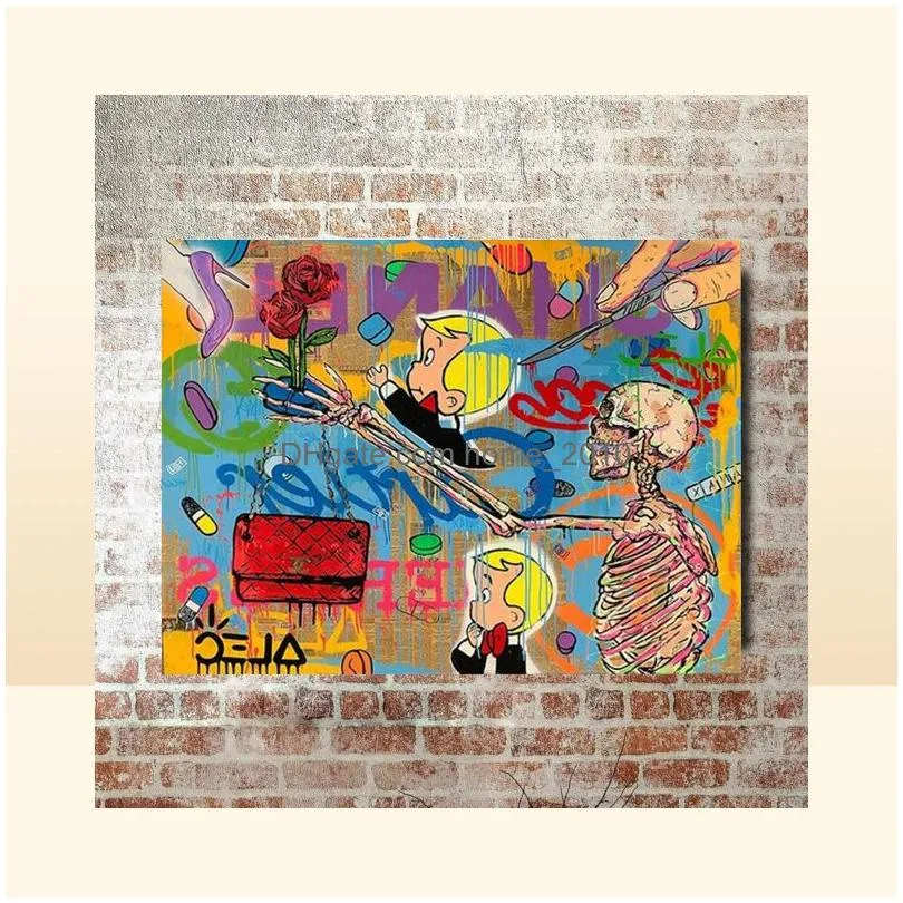 alec monopoly graffiti handcraft oil painting on canvasquotskeletons and flowersquot home decor wall art painting2432inch n1020599