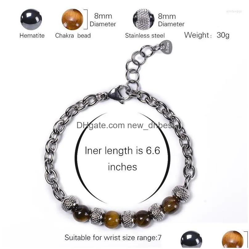 Charm Bracelets Tiger Eye Beads Strand Men Women Stainless Steel Chain Mticolored Natural Stone Bracelet Male Jewelry Gift Drop Deliv Dhgly