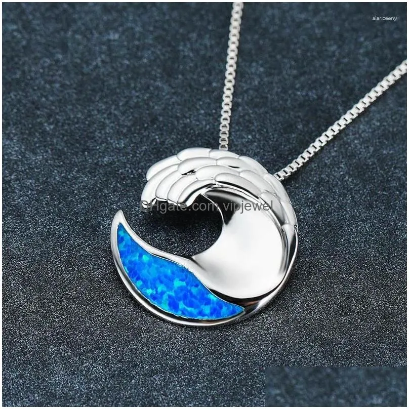 pendants 925 sterling silver chain necklace fashion ocean wave pendant geometric blue opal stone engagement necklaces for women