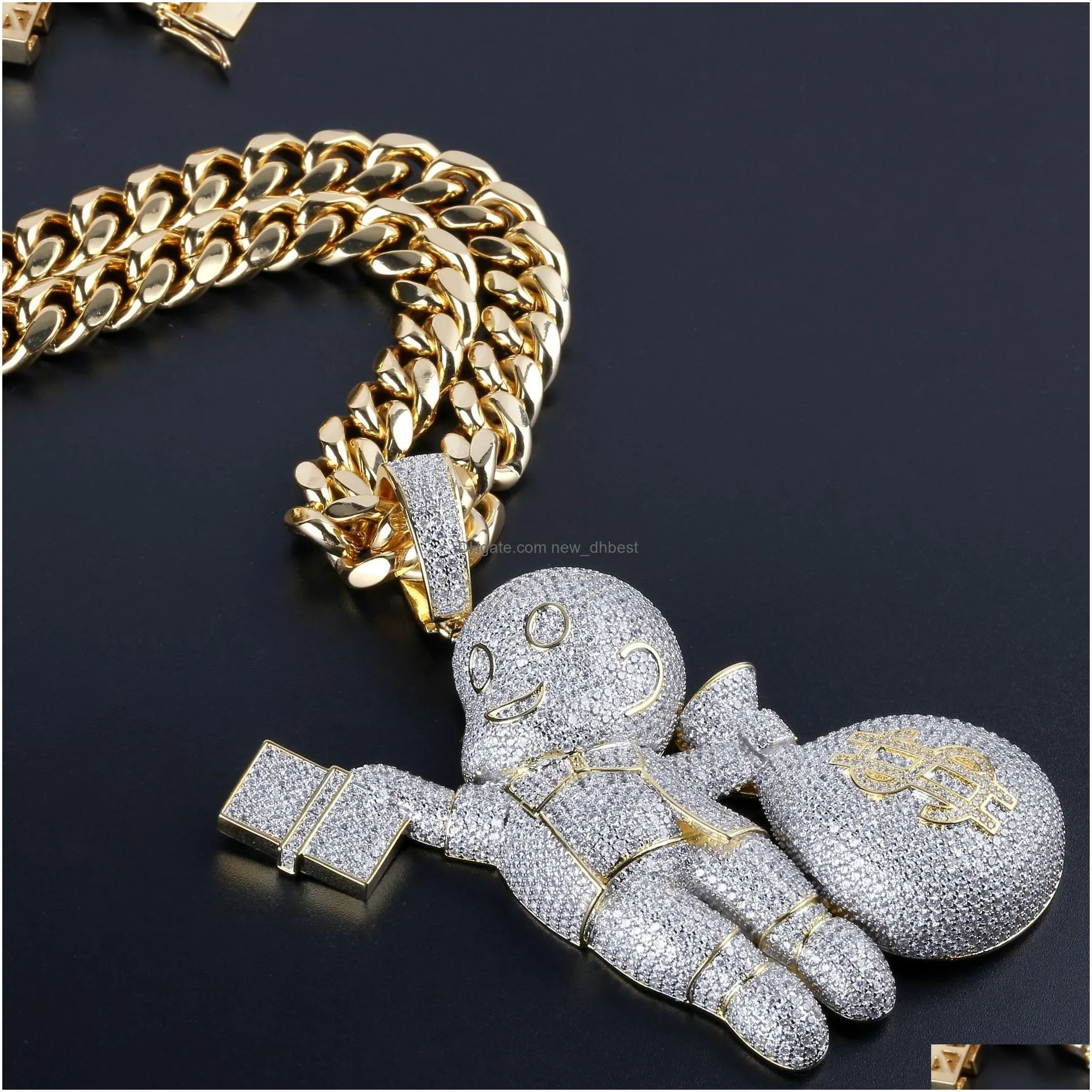 Pendant Necklaces New Personalized 18K Gold Plated Hip Hop Cartoon Boy With Big Money Bag Pendant Necklace Ed Chain Iced Out Cz Zircon Dhtpq