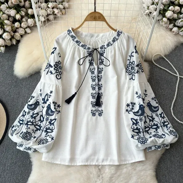 Womens Boho Blouse | Lace Up Spring Blouse | Embroidered O