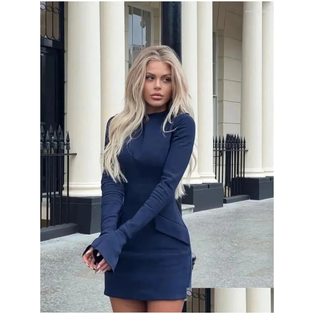 Basic Casual Dresses Dark Blue Women Pockets Mini Dress Elegant Stand Collar Flare Long Sleeve Bodycon 2023 Female Solid Chic Commutin Dhemt