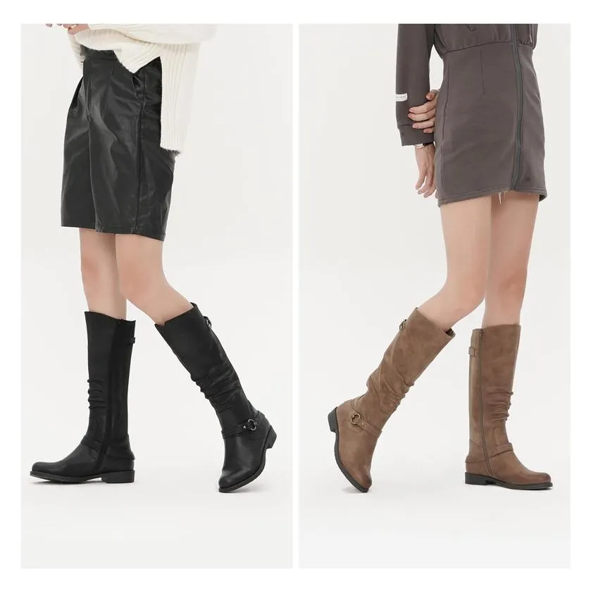 Bulk Womens Mid Calf Casual Brown Riding Boots With Elastic Low