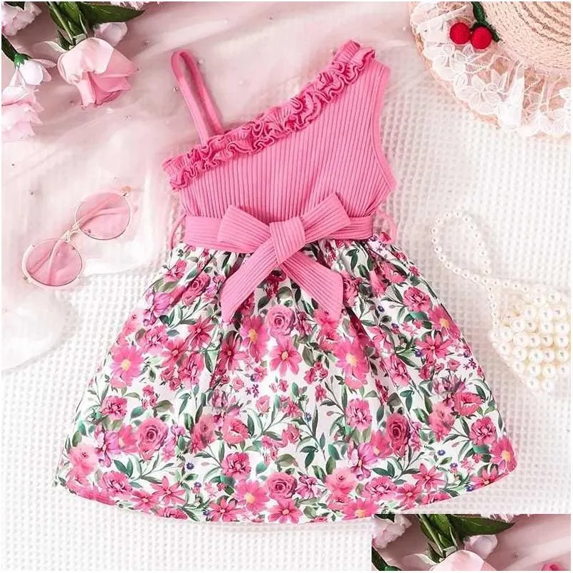 Summer Ruffled Floral Off Shoulder Pink Wrap Dress For Girls Aged 1 6 Years Sleeveless Princess Style With Drop Delivery Mat DHWDV From Yumshoe 8.28 DHgate.Com
