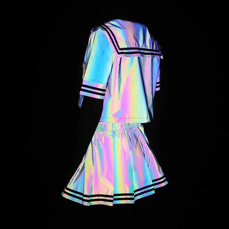 Colorful Reflective Sailor Two Piece dress and shorts set with T Shirt and Pleated Glossy Skirt Perfect for Summer Drop Delivery Women s Clothing by Dhyza 210531