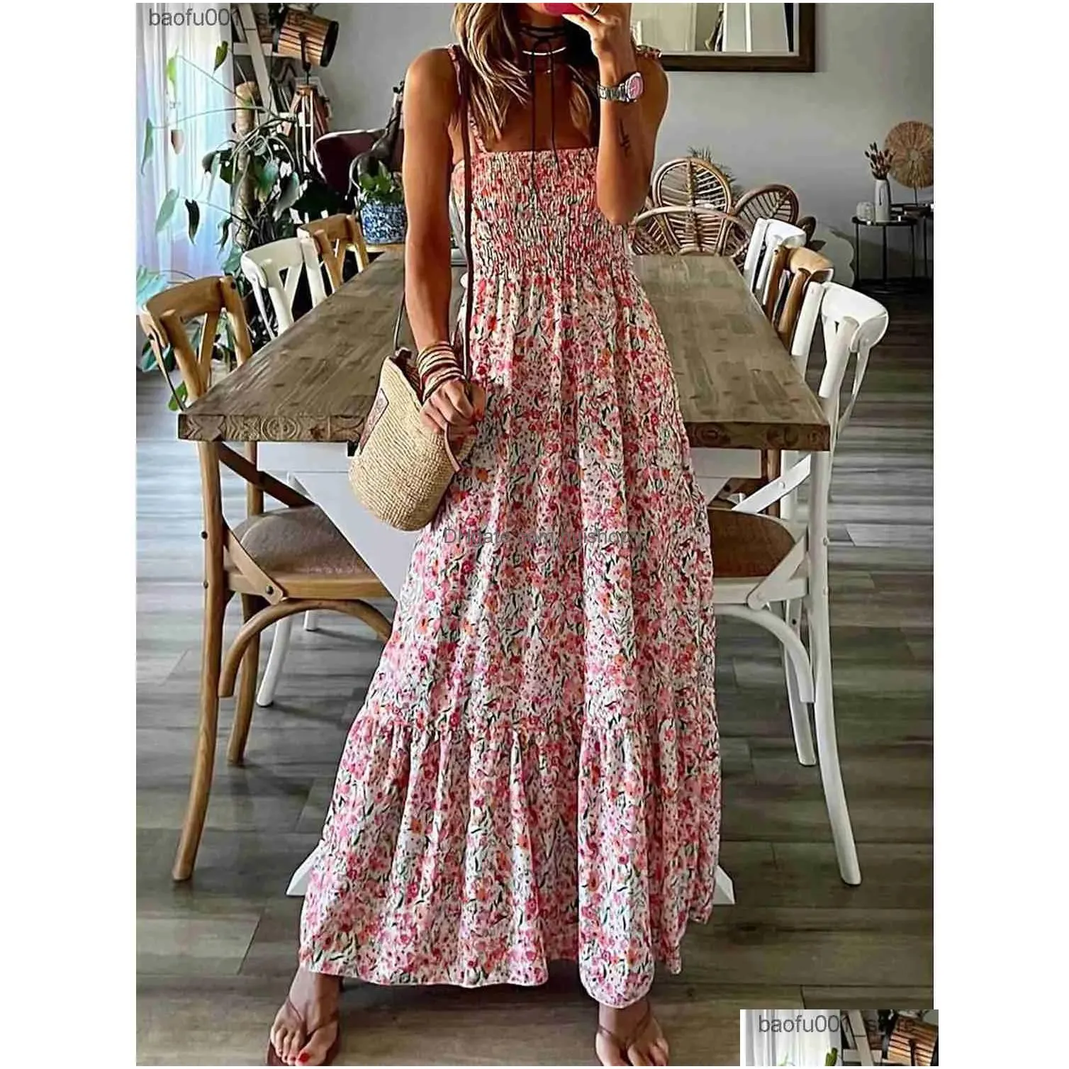 Temel Gundelik Elbiseler Yaz Moda Kay Uzun Elbise Gev ek Ve Zarif F rf rl A Line Bas l Kad n S rts z Plaj Midi Damlas Dhnyp Yi TL511.53 DHgate