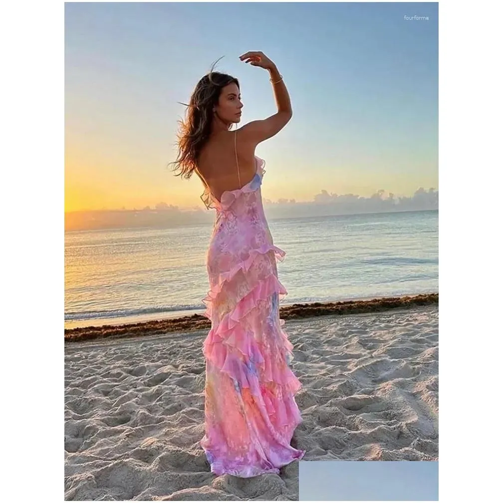 Basic Casual Dresses Pink Chiffon Ruffle Sling Maxi Dress Tierred Women Chic Sweet Sleeveless V Neck Holiday Robe 2024 Spring Lady Bea Dhjgd