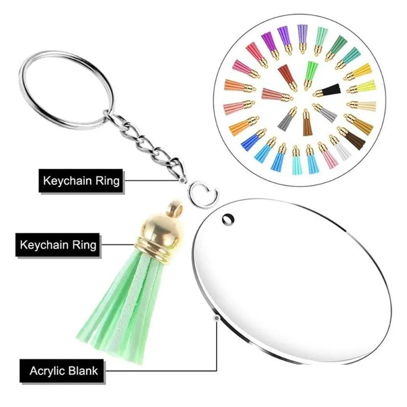 230Pcs Key Ring DIY Clear Circle Discs Keychains Making Kit Metal Acrylic Round Keyrings Blanks Tassel Pendant As Party Favors