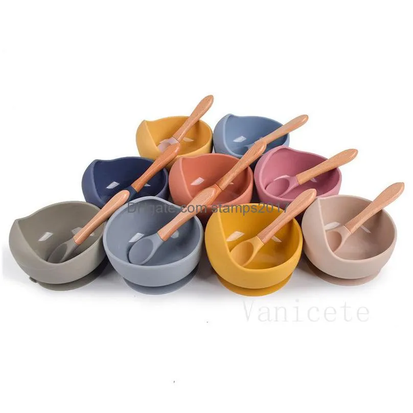 creative simple baby dinnerware sets childrens silicone bowls spoons forks 3 pcs set silicone bowl wooden handle spoon fork t9i002157