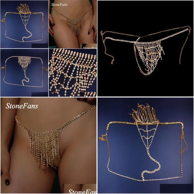 stonefans luxury tassel sexy body chain underwear thong panties for women crystal belly waist chain body jewelry t200508