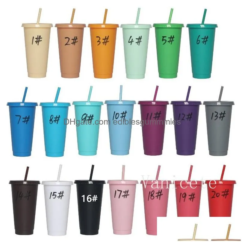 pure color simple flat cover plastic tumblers office leisure home straw cups with lid and straws creative candy color reusable cup by sea