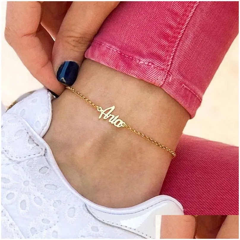 custom nameplate ankle bracelet femme personalized name anklet stainless steel leg chain daily wearing foot jewelry t200901