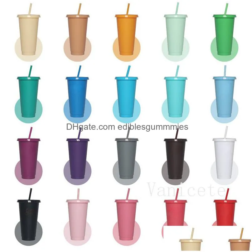 pure color simple flat cover plastic tumblers office leisure home straw cups with lid and straws creative candy color reusable cup by sea