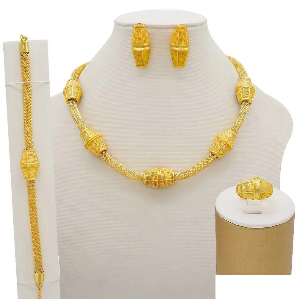 24k gold color jewelry sets for women bridal luxury necklace earrings bracelet ring set indian african wedding fine gifts 210720