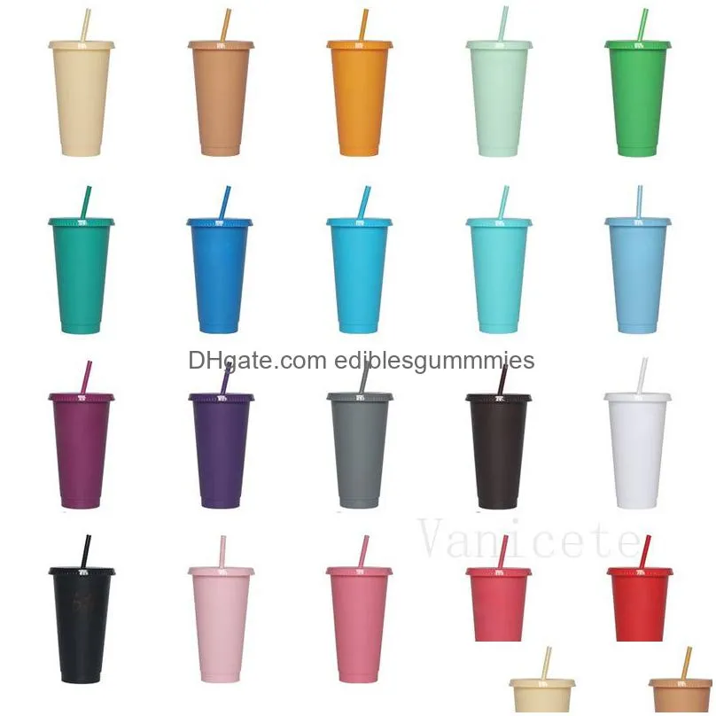 pure color simple flat cover plastic tumblers office leisure home straw cups with lid and straws creative candy color reusable cup by sea