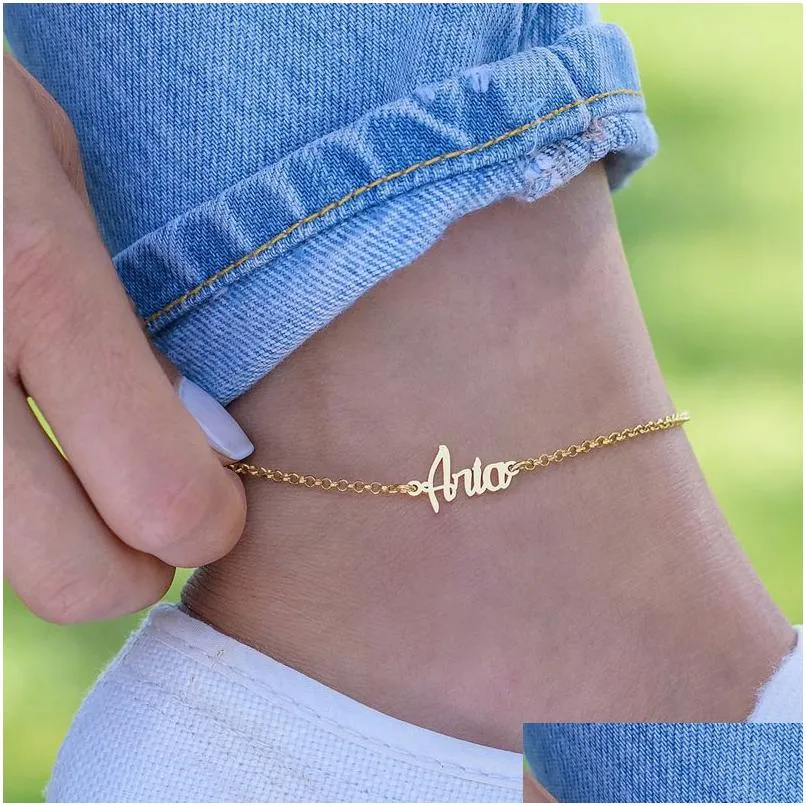 custom nameplate ankle bracelet femme personalized name anklet stainless steel leg chain daily wearing foot jewelry t200901