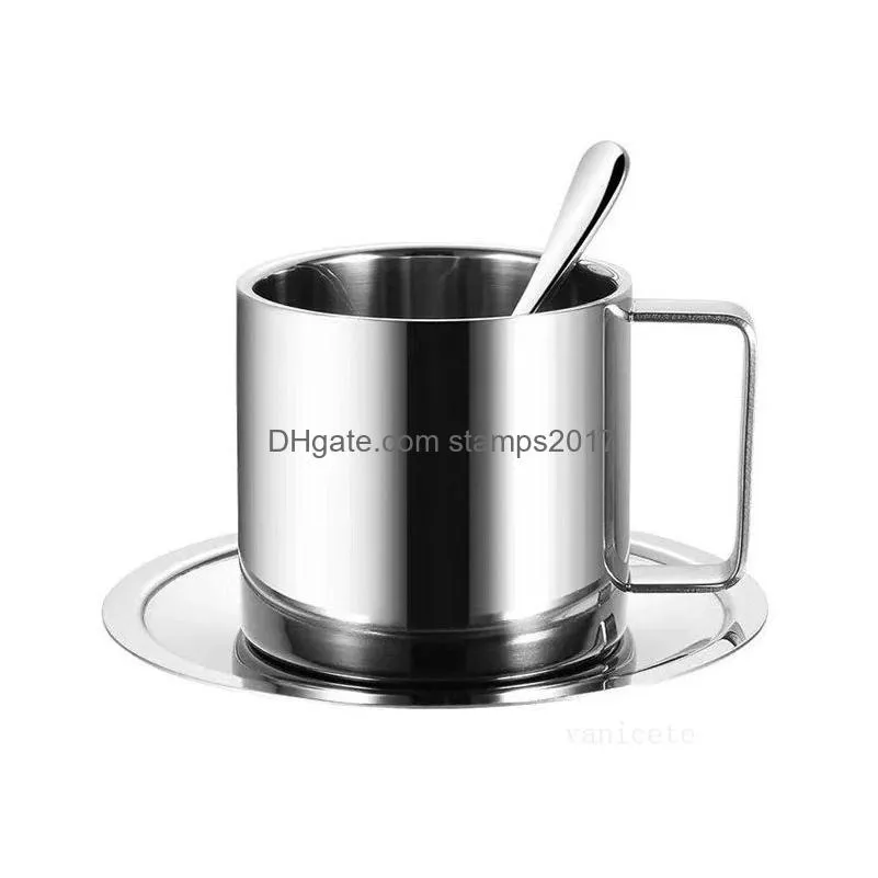 tea sets coffee cup set double wall stainless steel cup coffee mugs mat spoon 3pcs/ set drinkware coffee cups lt157