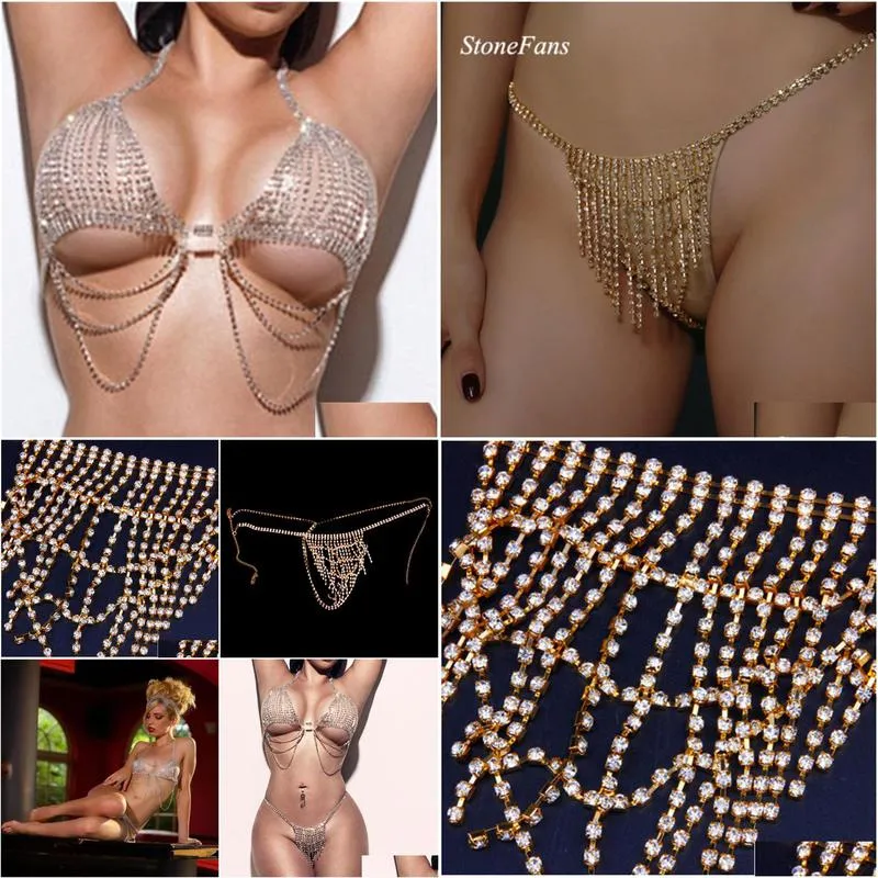 stonefans sexy lingerie crystal thong panties body chain bra showgirl body jewelry rhinestone bracelet underwear belly chain t200508