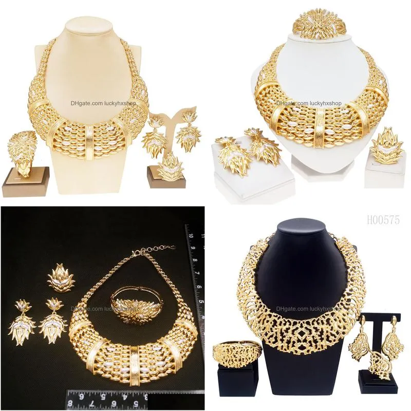 wedding jewelry sets woman jewelry set italian gold plated big necklace bracelet ring luxury hollow out round pendant banquet party favors