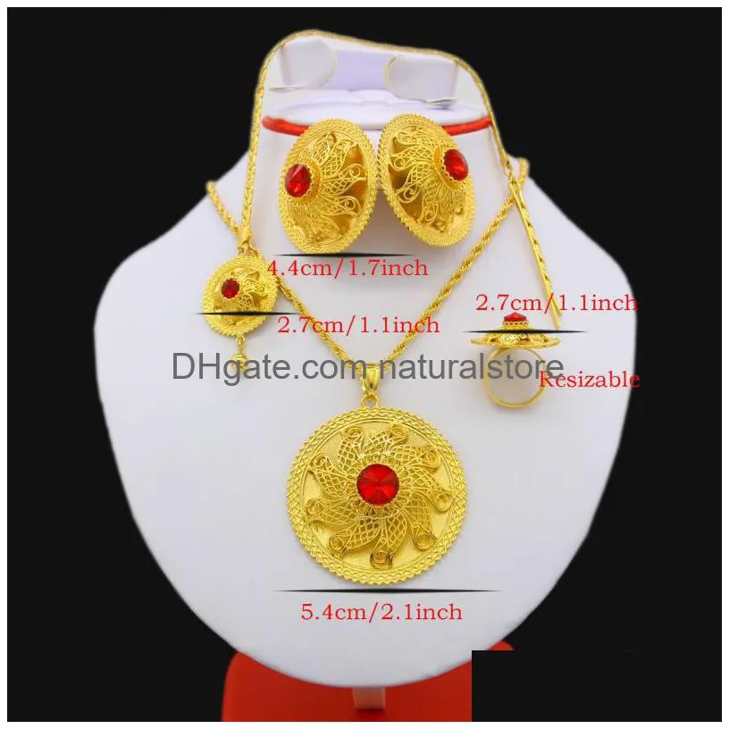 2017 ethiopian jewelry set 24k gold color crystal necklace/pendant/hair chain/earring/ring middle easter habesha wedding set j190705