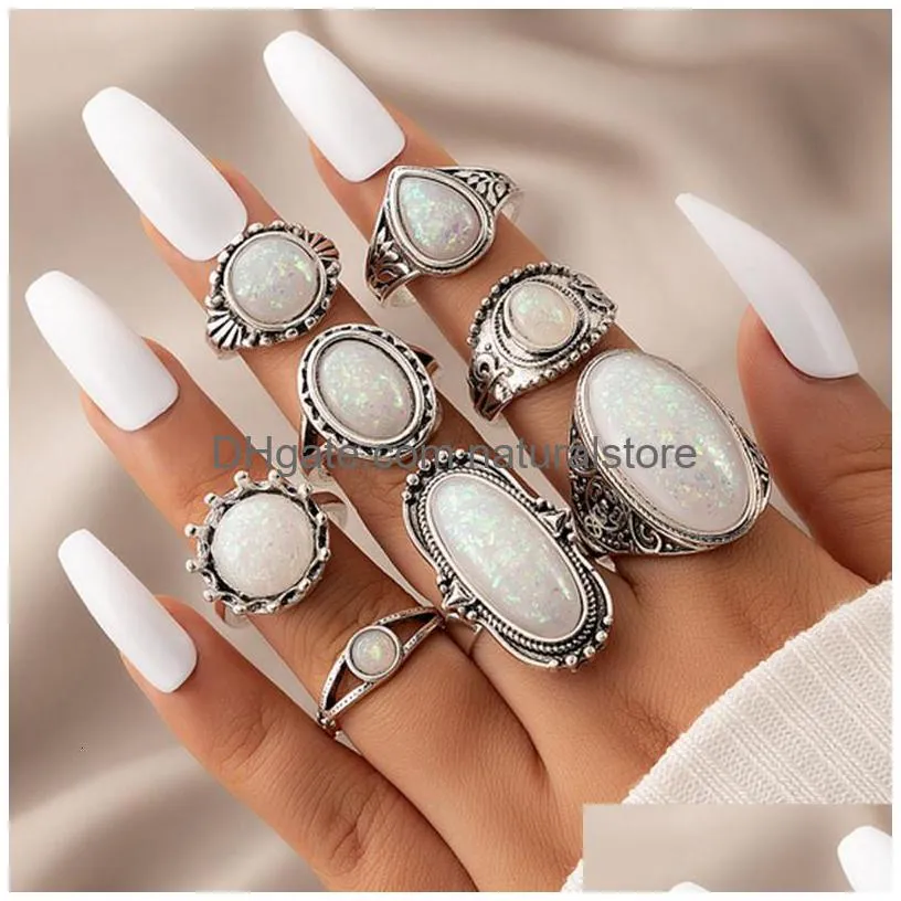 cluster rings tocona vintage antique silver color sets colorful opal crystal stone carve for women men bohemian jewelry anillos 6421
