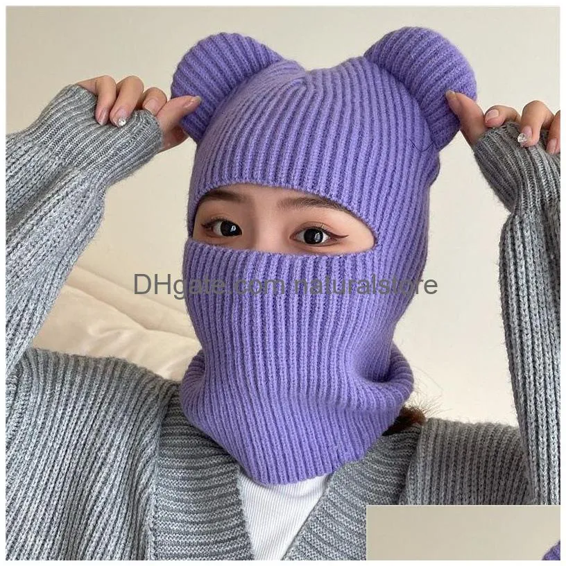 beanie skull caps funny balaclava winter cute bear ears knitted hat women warm full face cover ski mask men outdoor sport windproof beanies