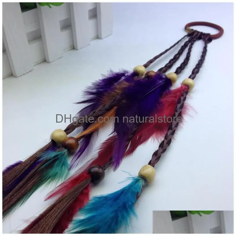 handmade bohemia feather hair rubber bands with plait wood beads girls hippie rope mix colors