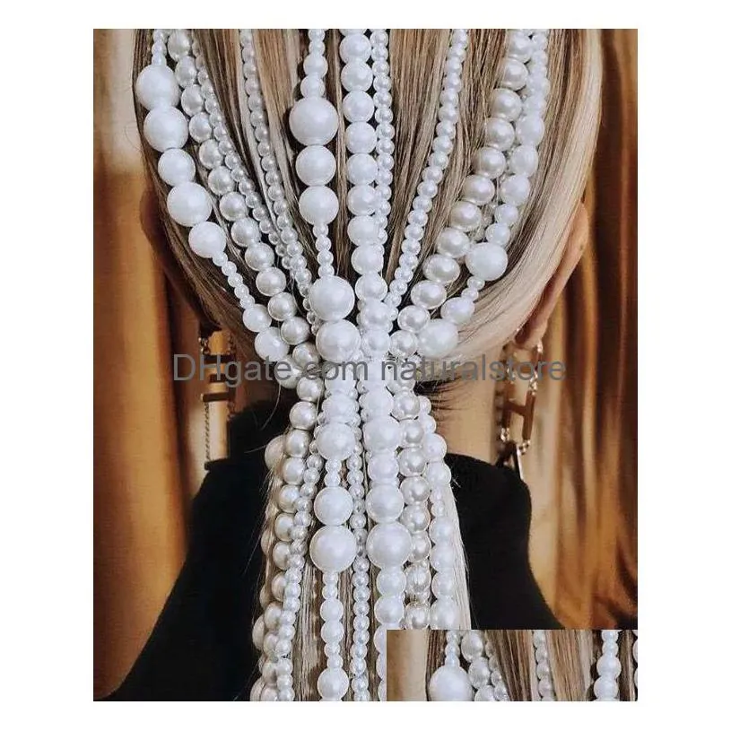 fashion pearl jewelrytassel hair clips long trendy headdress abs imitation pearls head chain 50cm
