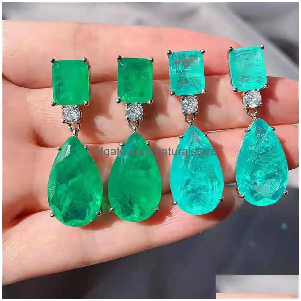 trend 925 sterling silver paraiba tourmaline emerald gemstone big drop earrings for women cocktail party fine jewelry giift 210625